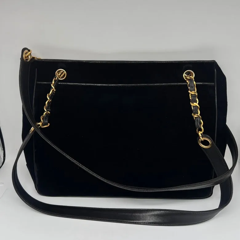 Chanel Preloved Velvet & Leather Chain Shoulder Bag in Black