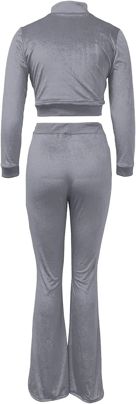 Chatinction Women's 2 Piece Outfit Velour Zip Up Crop Jacket and Bell Bottoms Long Pants with Pockets Tracksuit Set