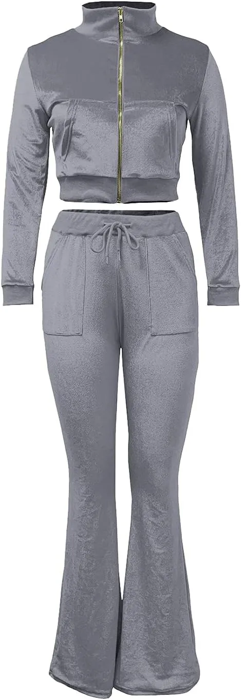 Chatinction Women's 2 Piece Outfit Velour Zip Up Crop Jacket and Bell Bottoms Long Pants with Pockets Tracksuit Set