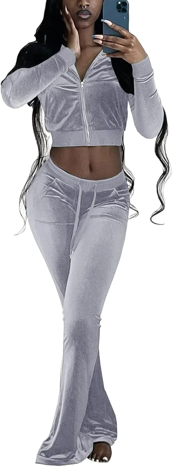 Chatinction Women's 2 Piece Outfit Velour Zip Up Crop Jacket and Bell Bottoms Long Pants with Pockets Tracksuit Set