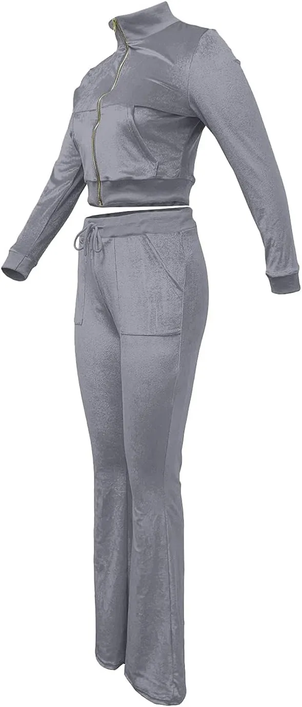 Chatinction Women's 2 Piece Outfit Velour Zip Up Crop Jacket and Bell Bottoms Long Pants with Pockets Tracksuit Set