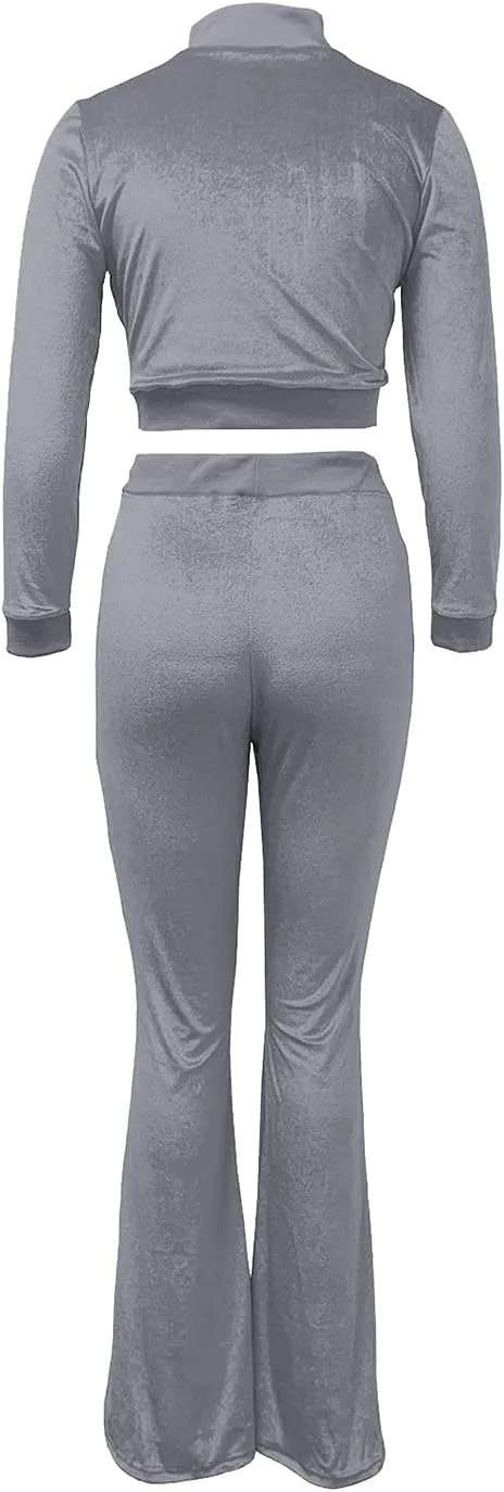Chatinction Women's 2 Piece Outfit Velour Zip Up Crop Jacket and Bell Bottoms Long Pants with Pockets Tracksuit Set