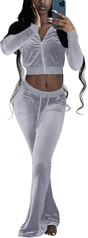 Chatinction Women's 2 Piece Outfit Velour Zip Up Crop Jacket and Bell Bottoms Long Pants with Pockets Tracksuit Set