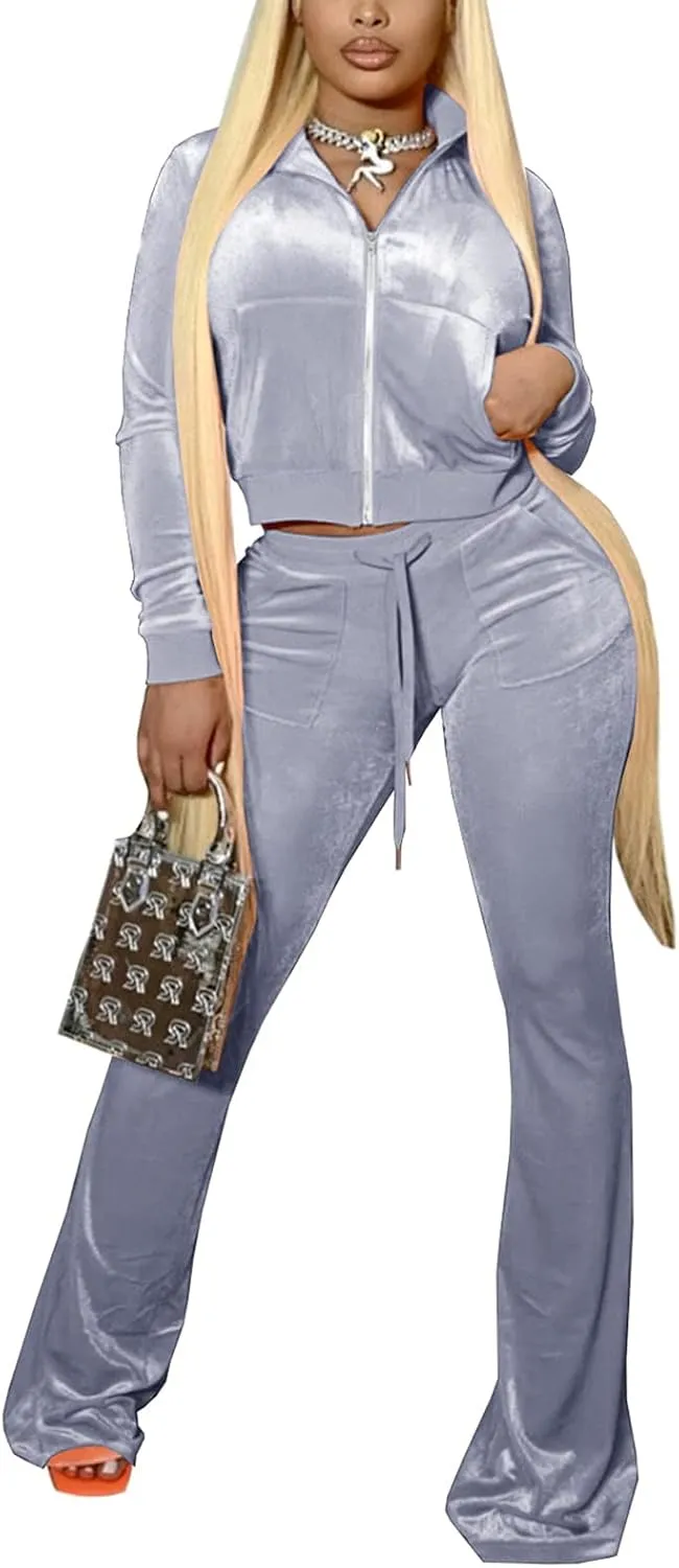 Chatinction Women's 2 Piece Outfit Velour Zip Up Crop Jacket and Bell Bottoms Long Pants with Pockets Tracksuit Set