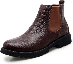 Chelsea Boots for Men Elastic Gussets On The Sides Block Heel High Top Pull Tap Synthetic Leather Rubber Sole Round Toe Crocodile Embossed
