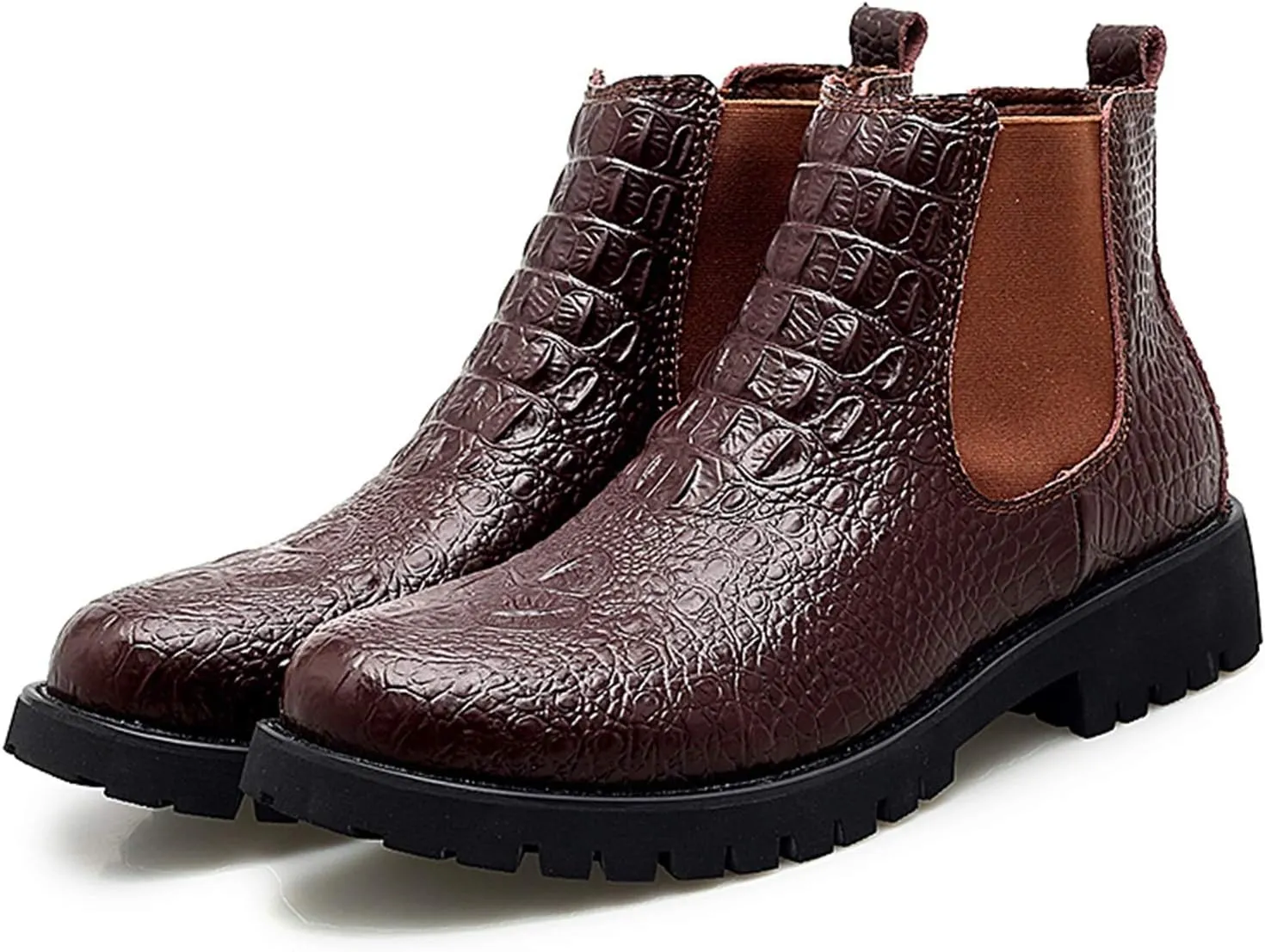 Chelsea Boots for Men Elastic Gussets On The Sides Block Heel High Top Pull Tap Synthetic Leather Rubber Sole Round Toe Crocodile Embossed