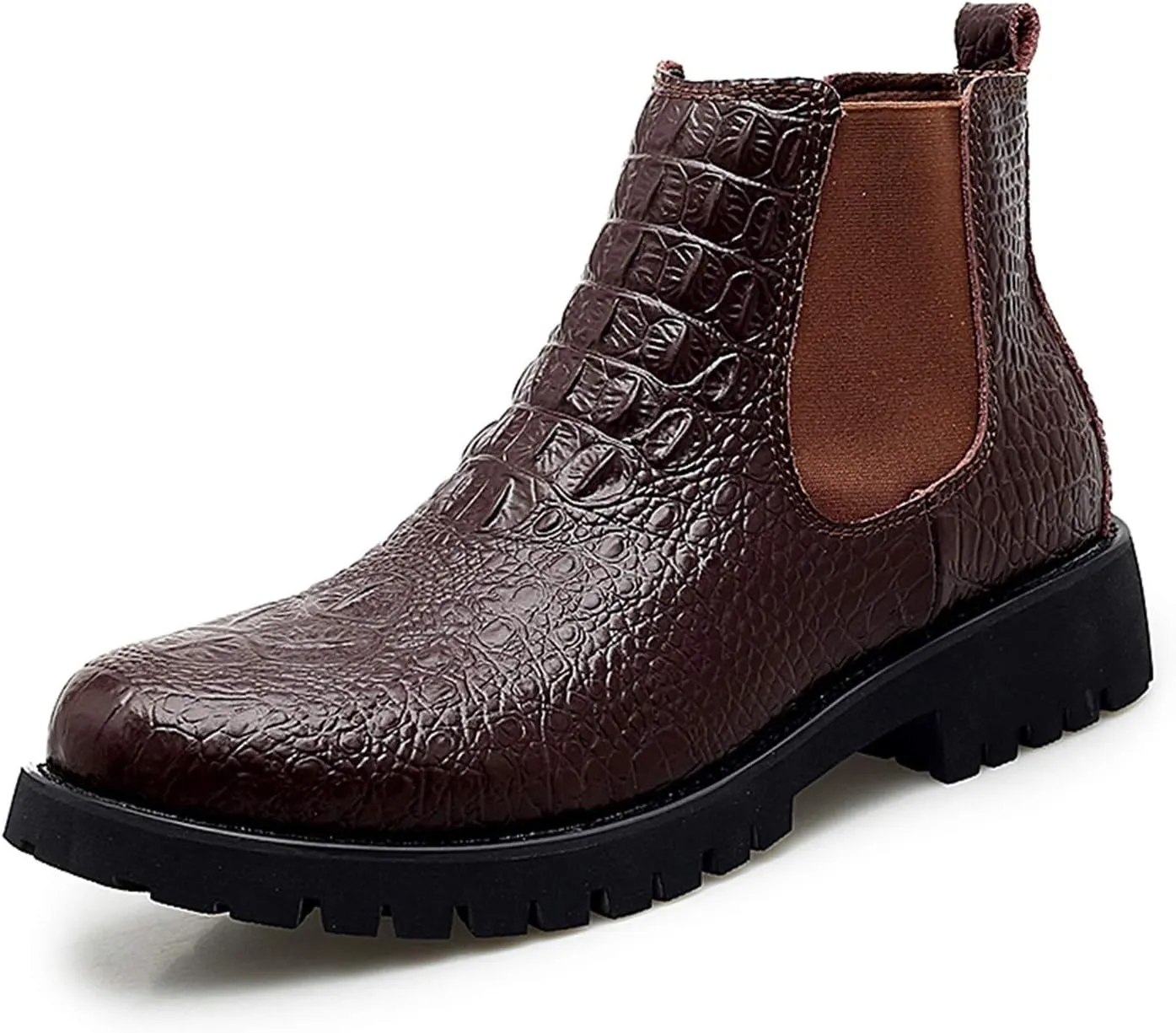 Chelsea Boots for Men Elastic Gussets On The Sides Block Heel High Top Pull Tap Synthetic Leather Rubber Sole Round Toe Crocodile Embossed