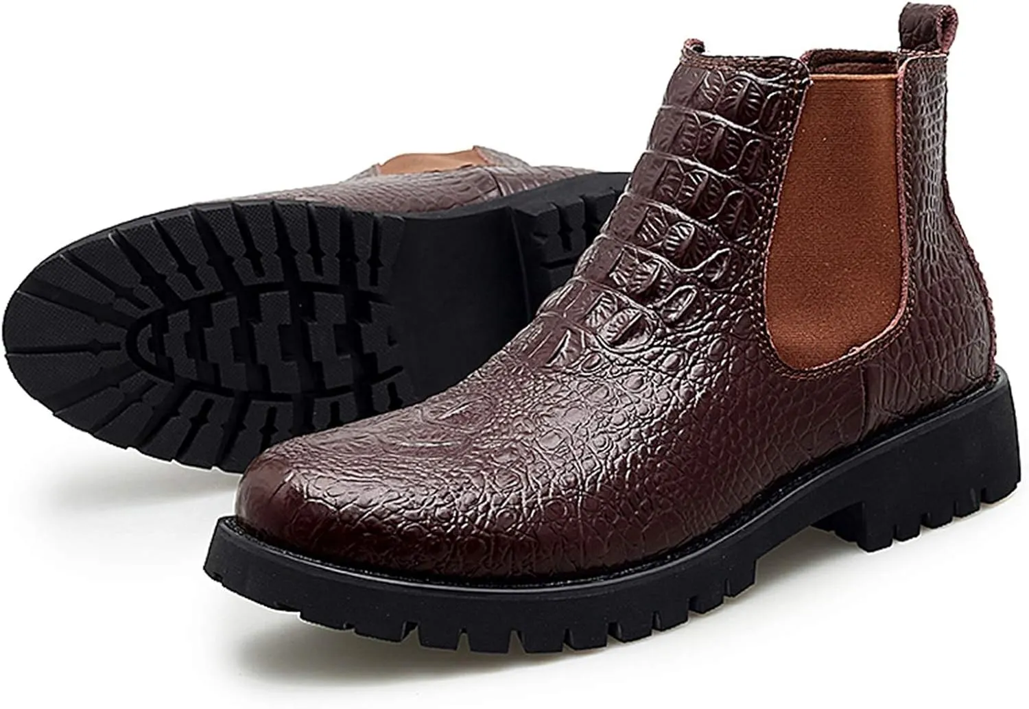 Chelsea Boots for Men Elastic Gussets On The Sides Block Heel High Top Pull Tap Synthetic Leather Rubber Sole Round Toe Crocodile Embossed