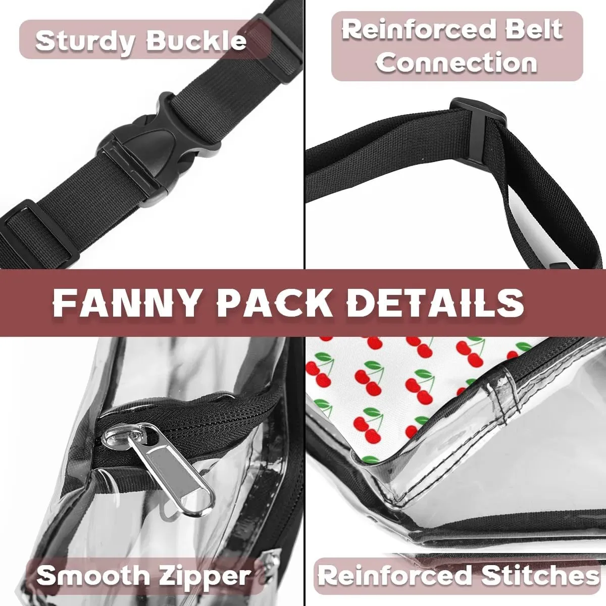 Cherry Minimalism Clear Fanny Pack Stadium Approved Clear Crossbody Belt Bag for Women Men Transparent Waist Bag with Adjustable Strap for Concerts Sports Events Travel
