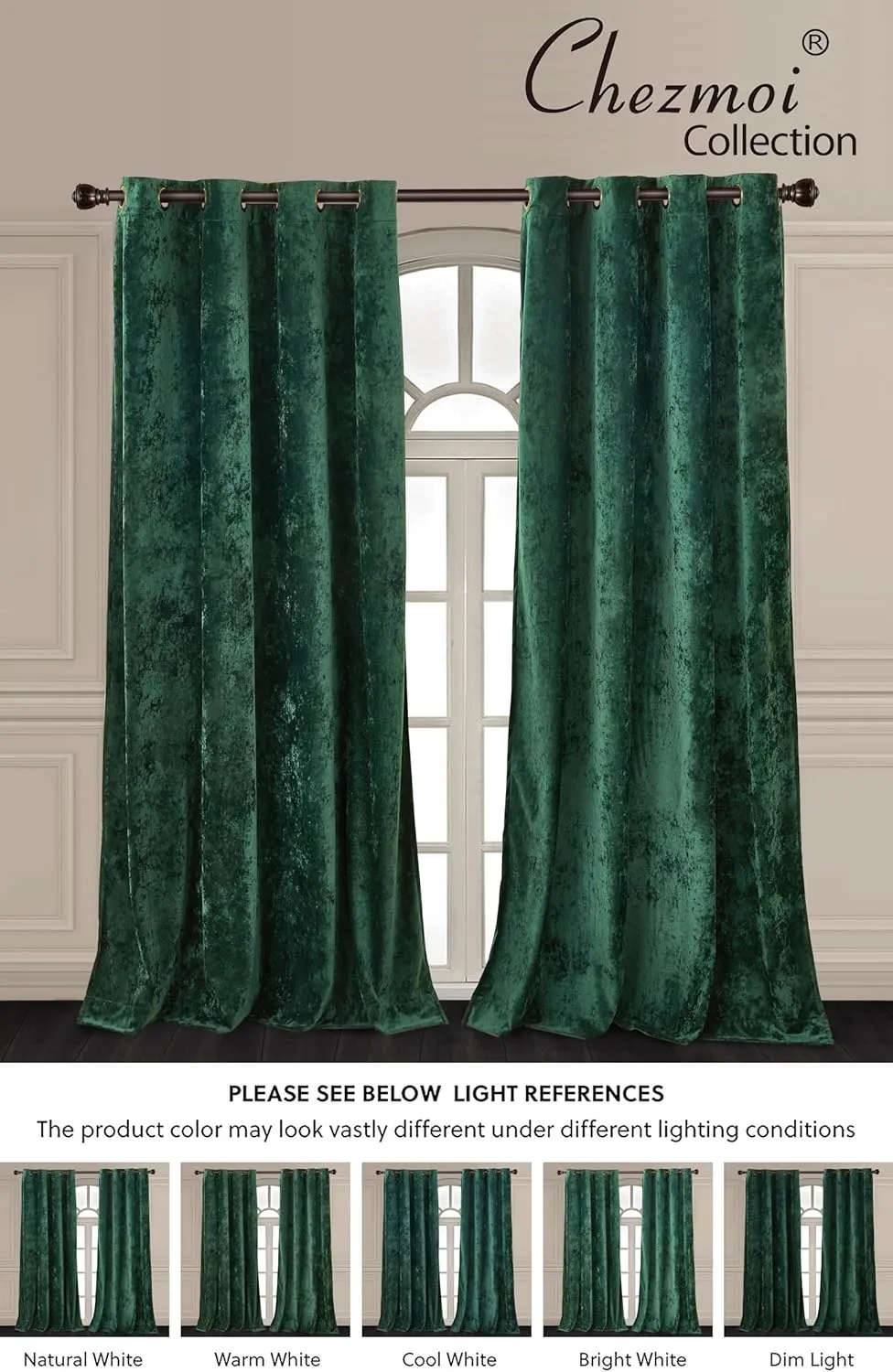 Chezmoi Collection Lux Forest Green Crushed Velvet Curtains, 2 Panel Set, Room Darkening Distressed Velvet Grommet Top Curtain, 50" W x 96" L for Living Room Bedroom Window Drapes