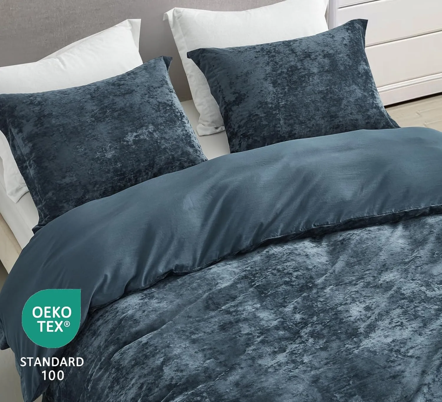 Chezmoi Collection Piers 3-Piece Storm Blue Distressed Velvet Duvet Cover Set Queen Size with Button Closure and 8 Corner Ties, Soft Washed Microfiber Reverse Comforter Cover