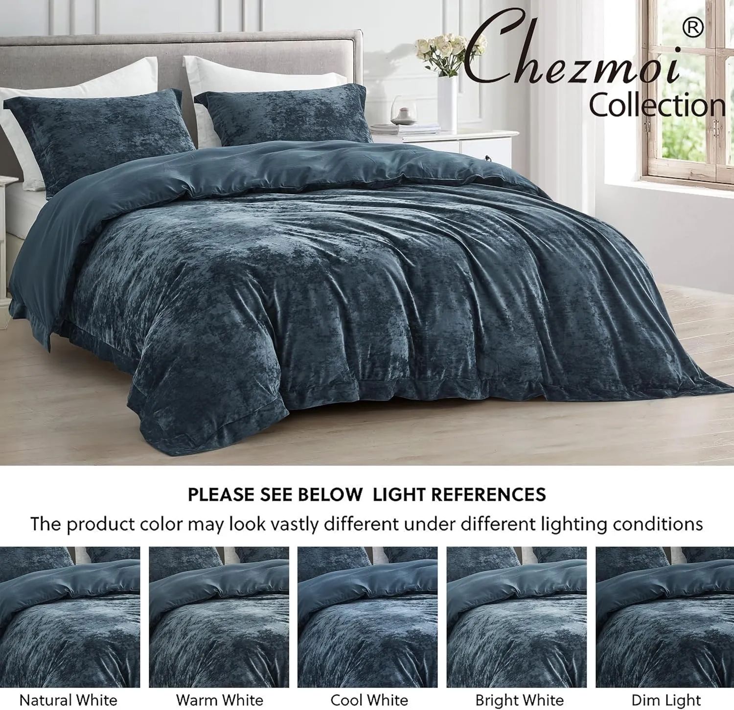Chezmoi Collection Piers 3-Piece Storm Blue Distressed Velvet Duvet Cover Set Queen Size with Button Closure and 8 Corner Ties, Soft Washed Microfiber Reverse Comforter Cover
