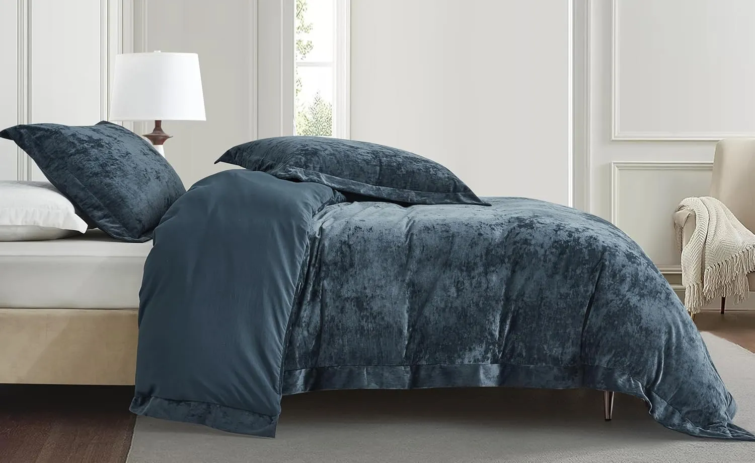 Chezmoi Collection Piers 3-Piece Storm Blue Distressed Velvet Duvet Cover Set Queen Size with Button Closure and 8 Corner Ties, Soft Washed Microfiber Reverse Comforter Cover