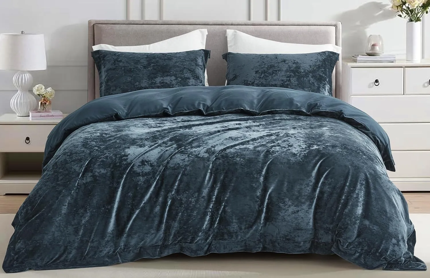 Chezmoi Collection Piers 3-Piece Storm Blue Distressed Velvet Duvet Cover Set Queen Size with Button Closure and 8 Corner Ties, Soft Washed Microfiber Reverse Comforter Cover