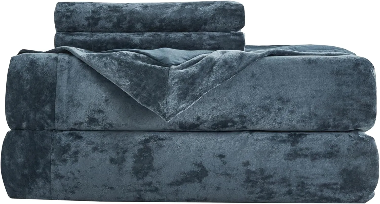 Chezmoi Collection Piers 3-Piece Storm Blue Distressed Velvet Duvet Cover Set Queen Size with Button Closure and 8 Corner Ties, Soft Washed Microfiber Reverse Comforter Cover