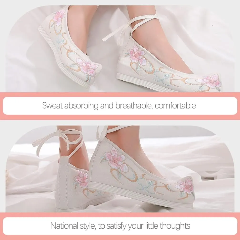 Chinese Ancient Embroidered Hanfu Shoes: 1 Pair Chinese Style Shoes Cloth Vintage Embroidery Mary Lace- up Shoes for Ladies Girls
