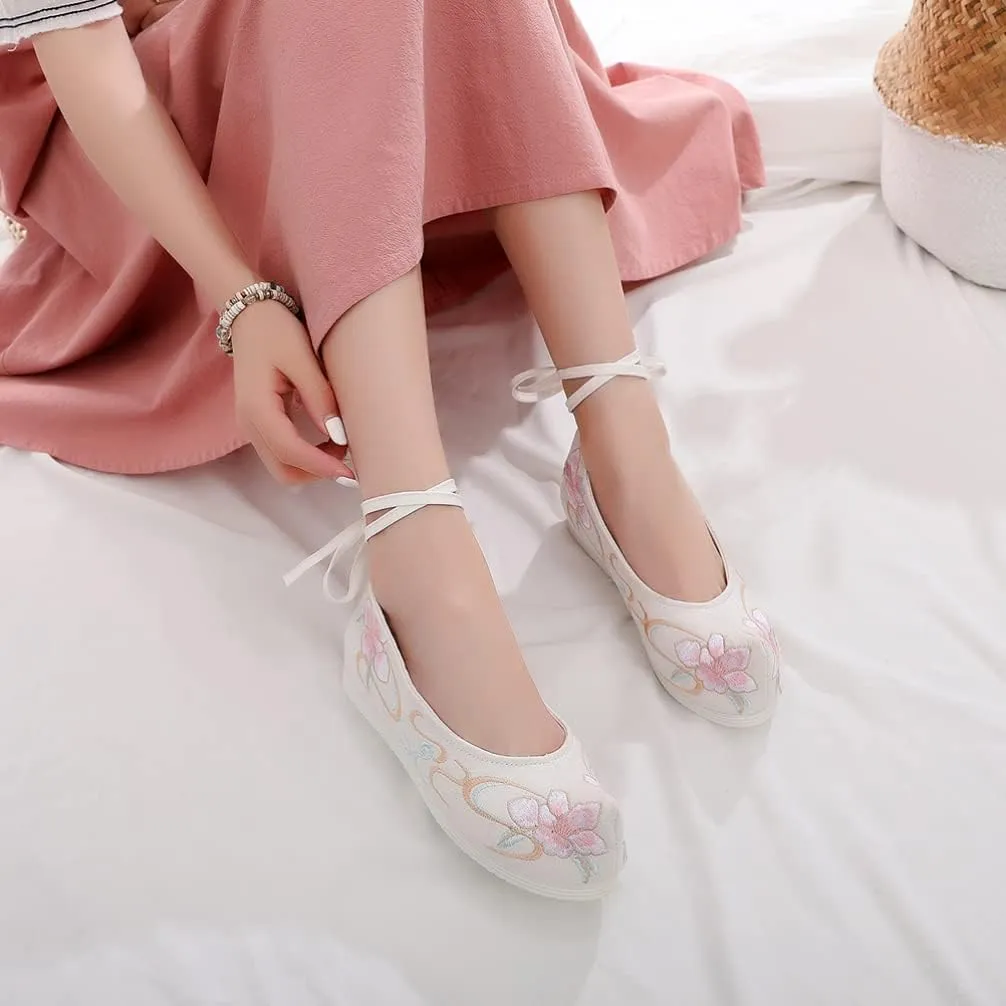 Chinese Ancient Embroidered Hanfu Shoes: 1 Pair Chinese Style Shoes Cloth Vintage Embroidery Mary Lace- up Shoes for Ladies Girls