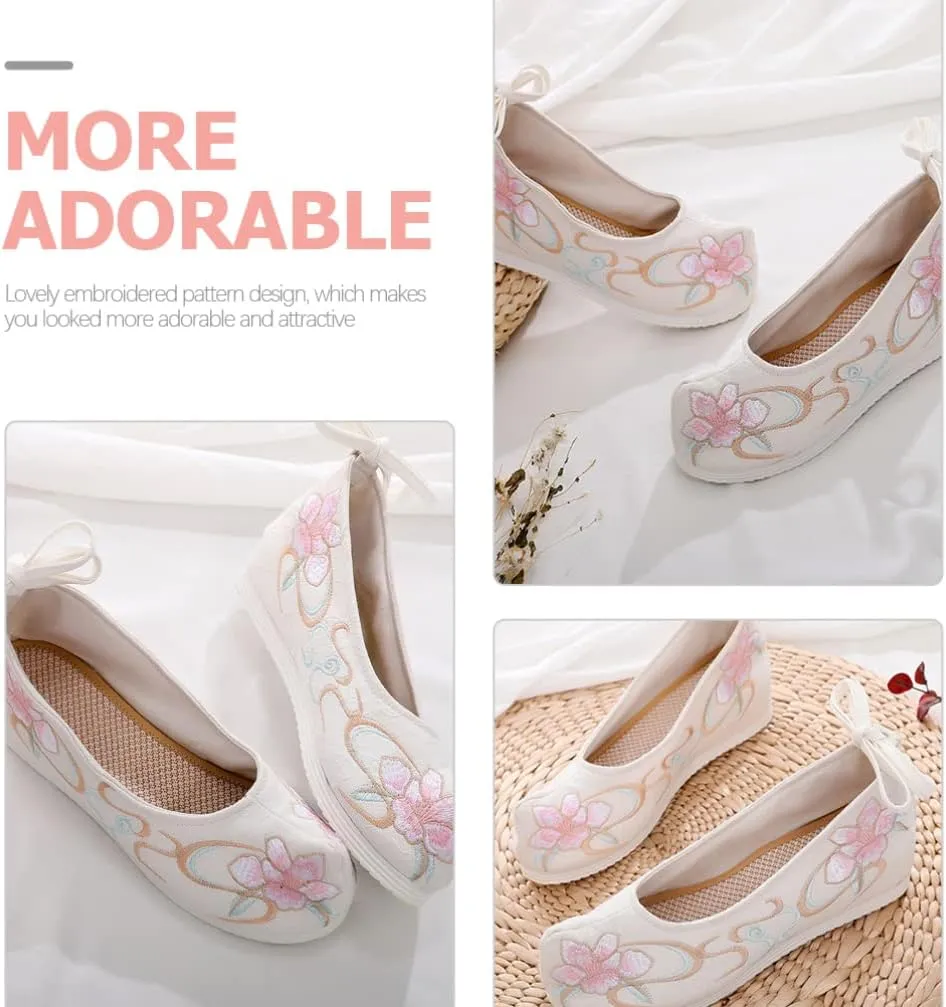 Chinese Ancient Embroidered Hanfu Shoes: 1 Pair Chinese Style Shoes Cloth Vintage Embroidery Mary Lace- up Shoes for Ladies Girls