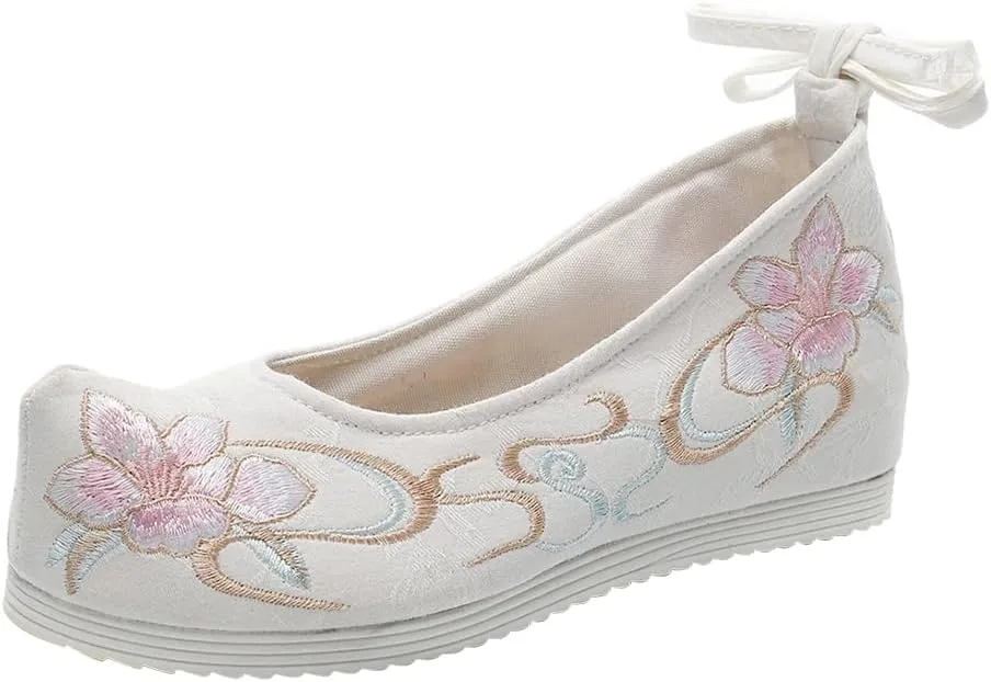 Chinese Ancient Embroidered Hanfu Shoes: 1 Pair Chinese Style Shoes Cloth Vintage Embroidery Mary Lace- up Shoes for Ladies Girls