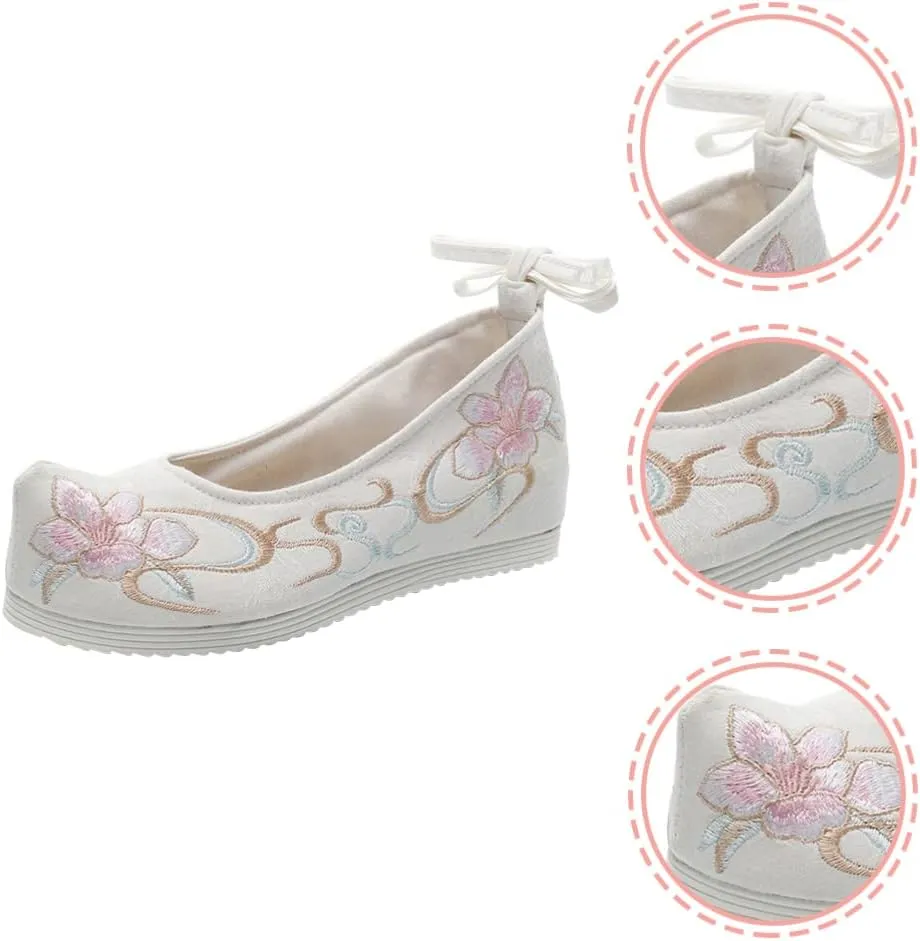 Chinese Ancient Embroidered Hanfu Shoes: 1 Pair Chinese Style Shoes Cloth Vintage Embroidery Mary Lace- up Shoes for Ladies Girls