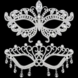 Chivao 2 Pcs Rhinestone Masquerade Mask for Women Men Couple Diamond Venetian Crown Mask Crystal Lace Prom Halloween Party