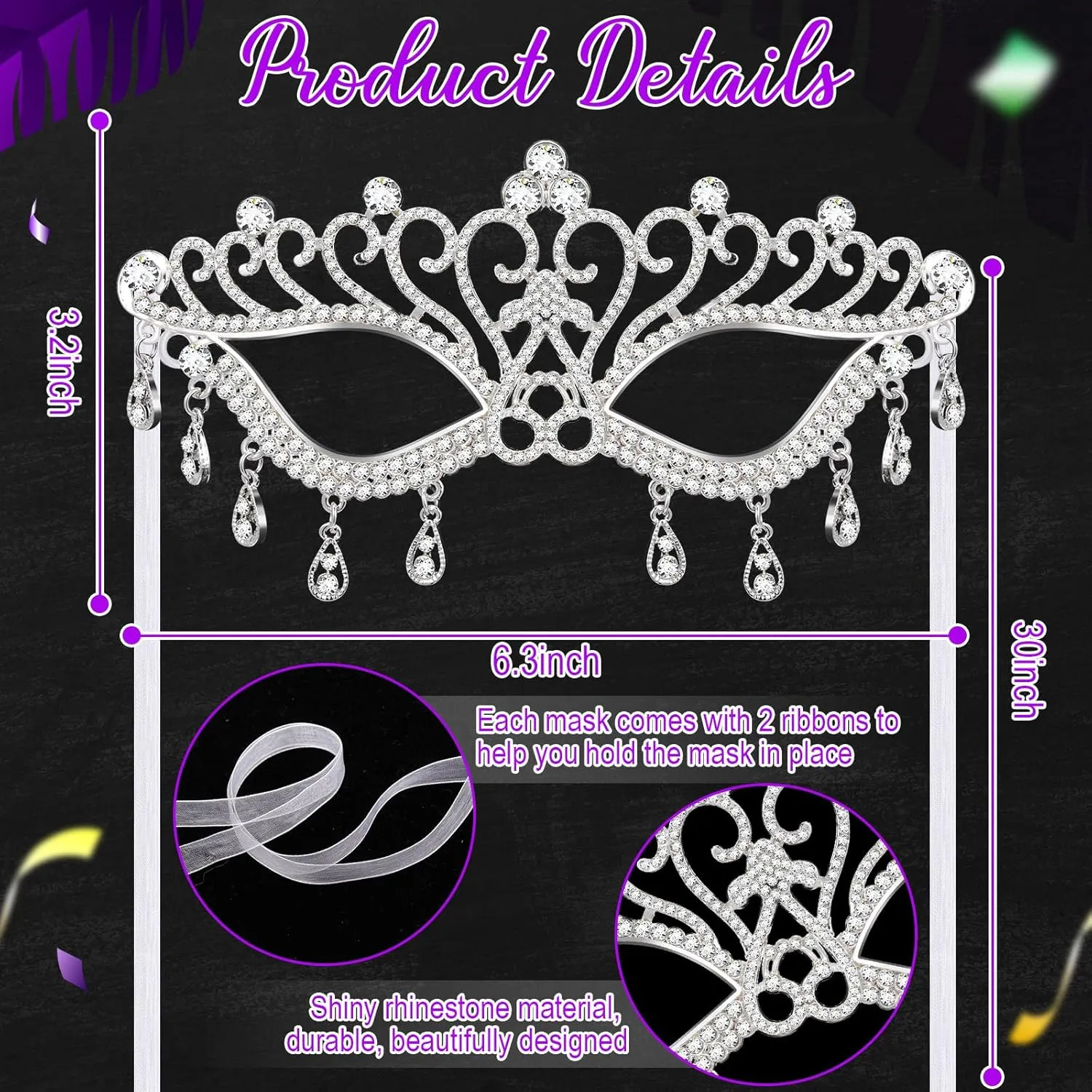 Chivao 2 Pcs Rhinestone Masquerade Mask for Women Men Couple Diamond Venetian Crown Mask Crystal Lace Prom Halloween Party