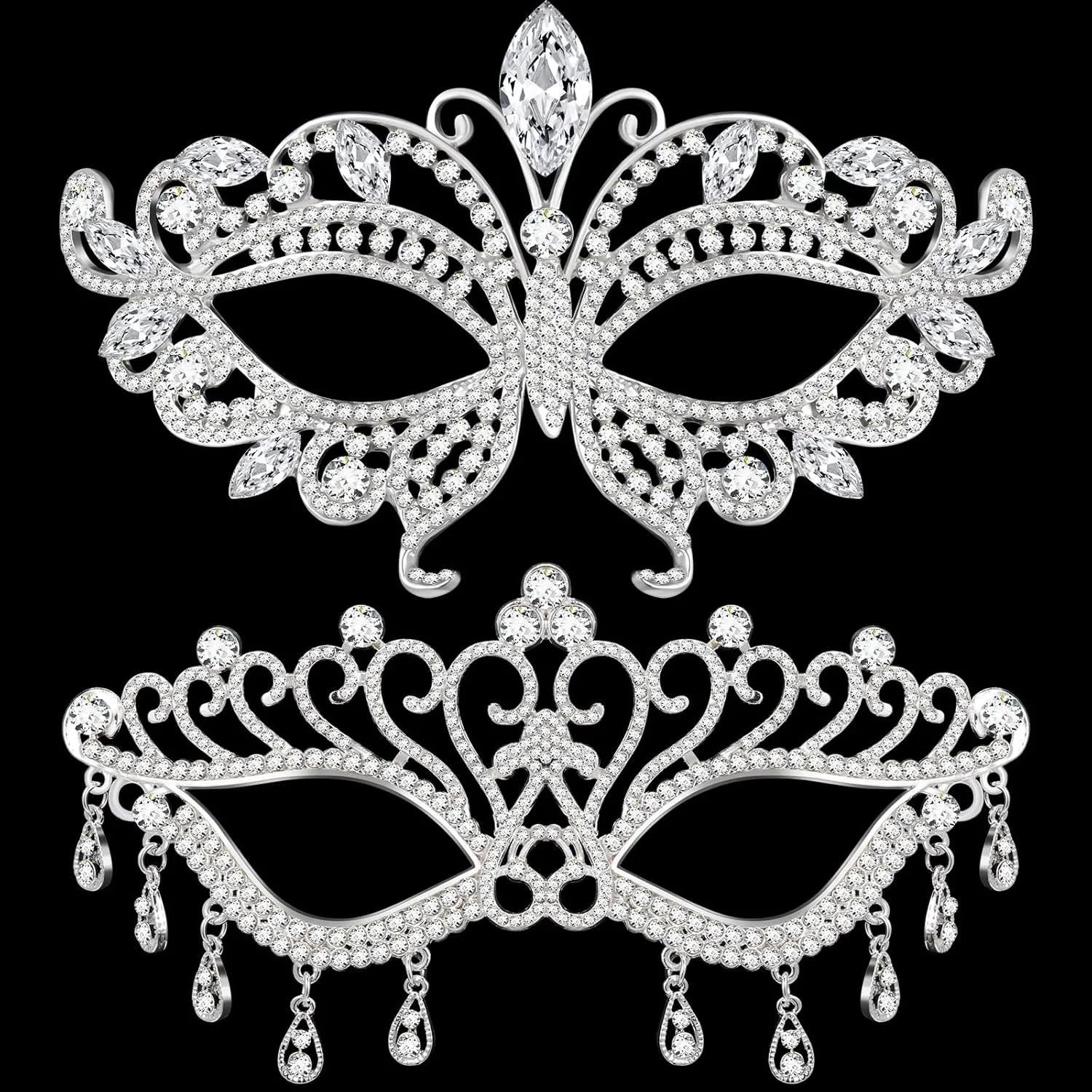 Chivao 2 Pcs Rhinestone Masquerade Mask for Women Men Couple Diamond Venetian Crown Mask Crystal Lace Prom Halloween Party
