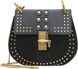 Chloe Black Shoulder Gold Studded Velvet Grommet Bag Handbag Drew Porte Epaule New
