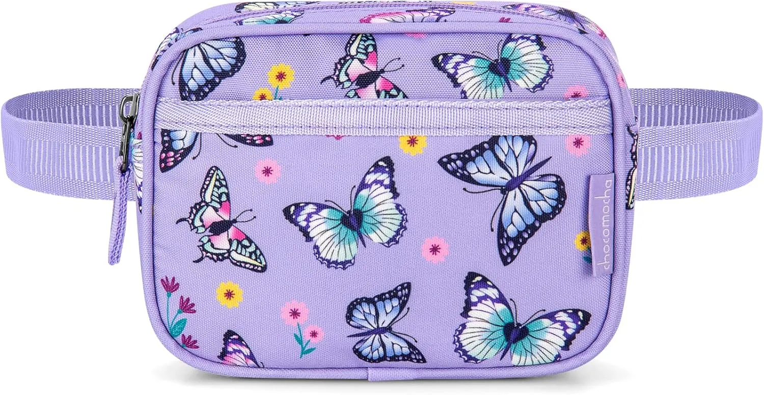 Choco Mocha Toddler Fanny Pack for Girls Kids Fanny Pack 2-4 Years Old Toddler Belt Bag Little Girls Waist Pack, Butterfly Purple