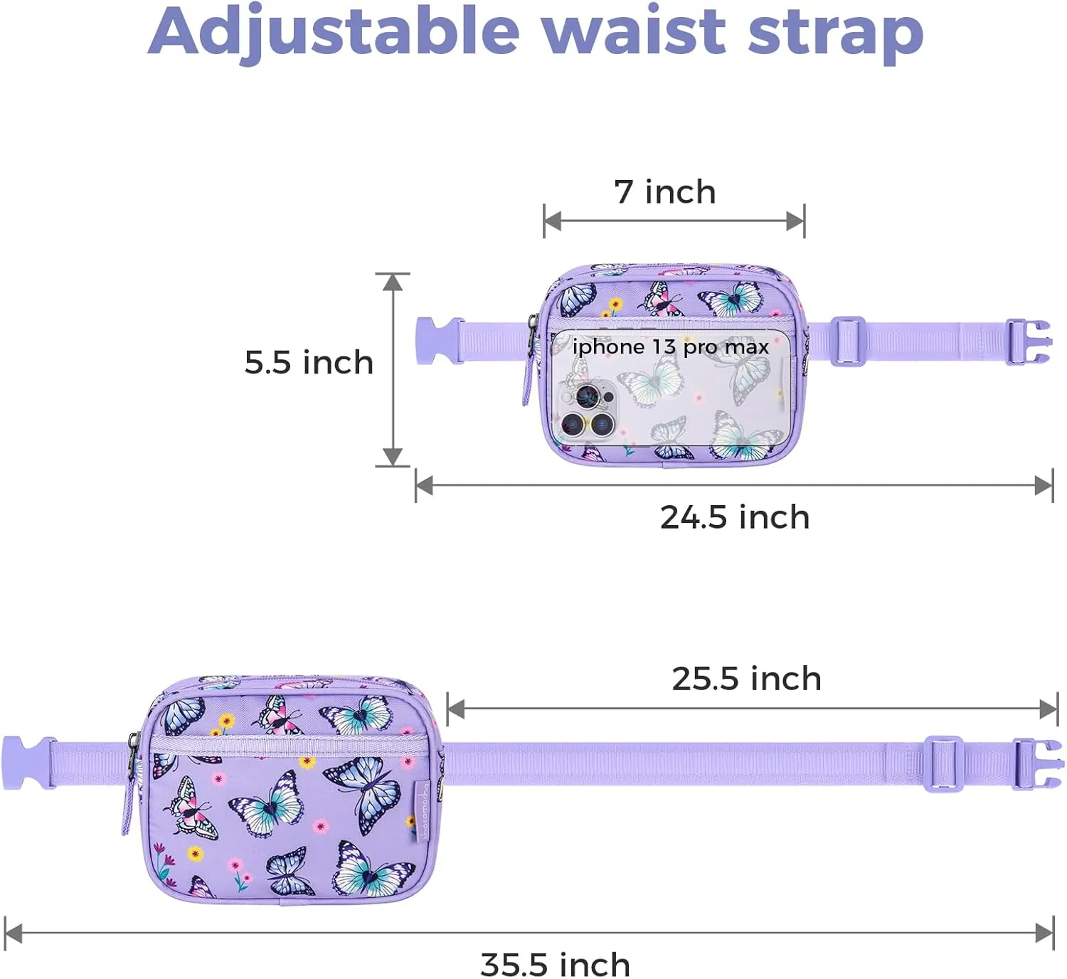 Choco Mocha Toddler Fanny Pack for Girls Kids Fanny Pack 2-4 Years Old Toddler Belt Bag Little Girls Waist Pack, Butterfly Purple