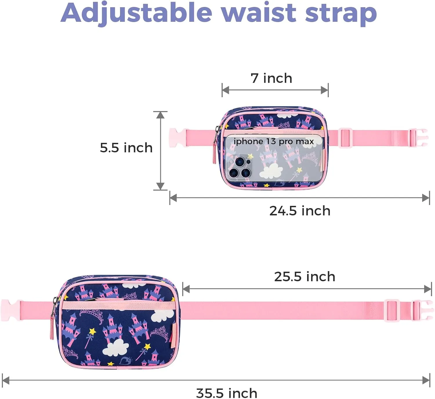 Choco Mocha Toddler Fanny Pack for Girls Kids Fanny Pack 2-4 Years Old Toddler Belt Bag Little Girls Waist Pack, Castle Blue