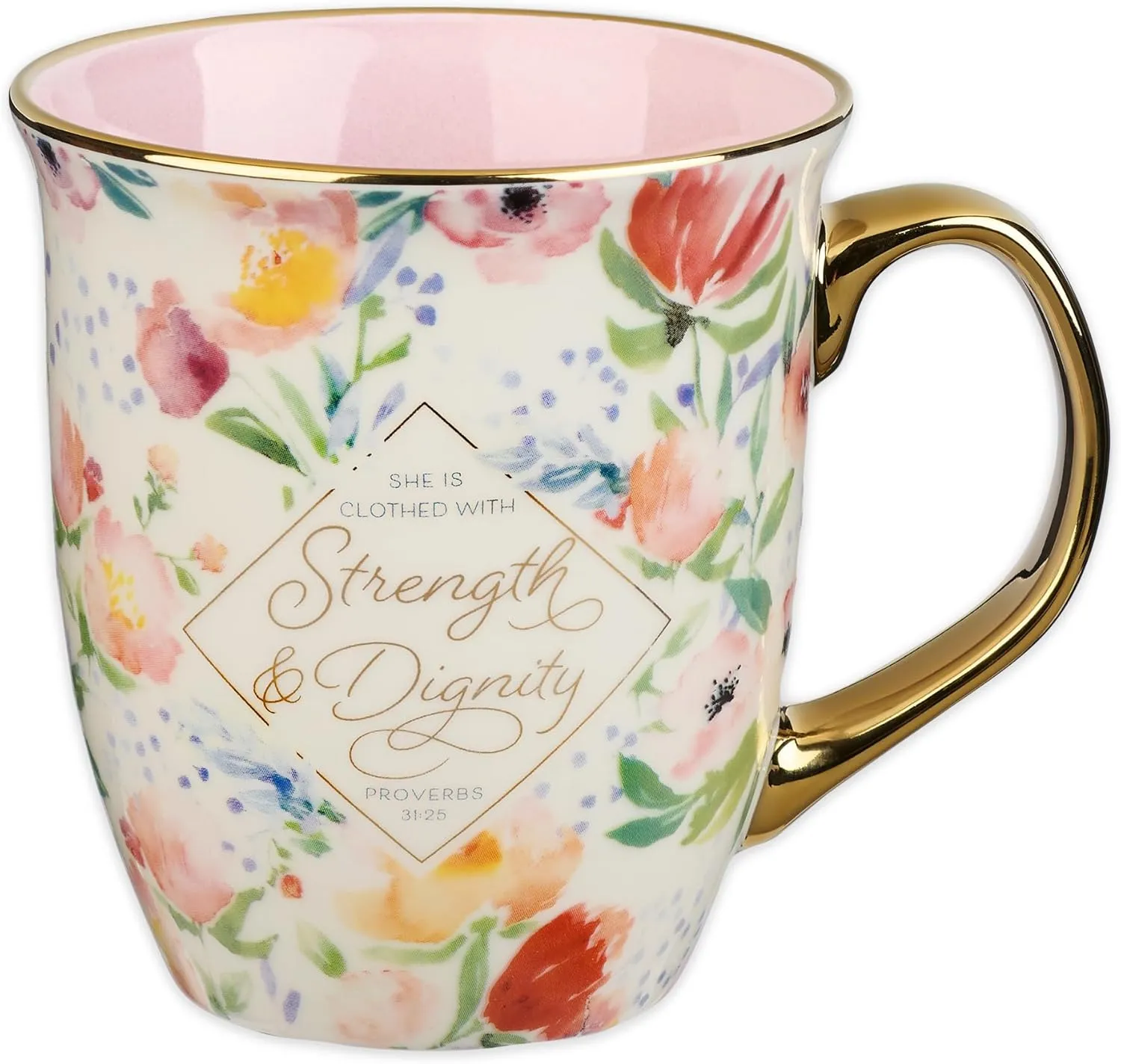 Christian Art Gifts Pastel Floral Ceramic Coffee Mug – 14 oz. Lead-Cadmium-free, Non-toxic Inspiration Scripture Coffee & Tea Mug for Mug for Women with Bible Verse: Strength & Dignity –Proverbs 31:25