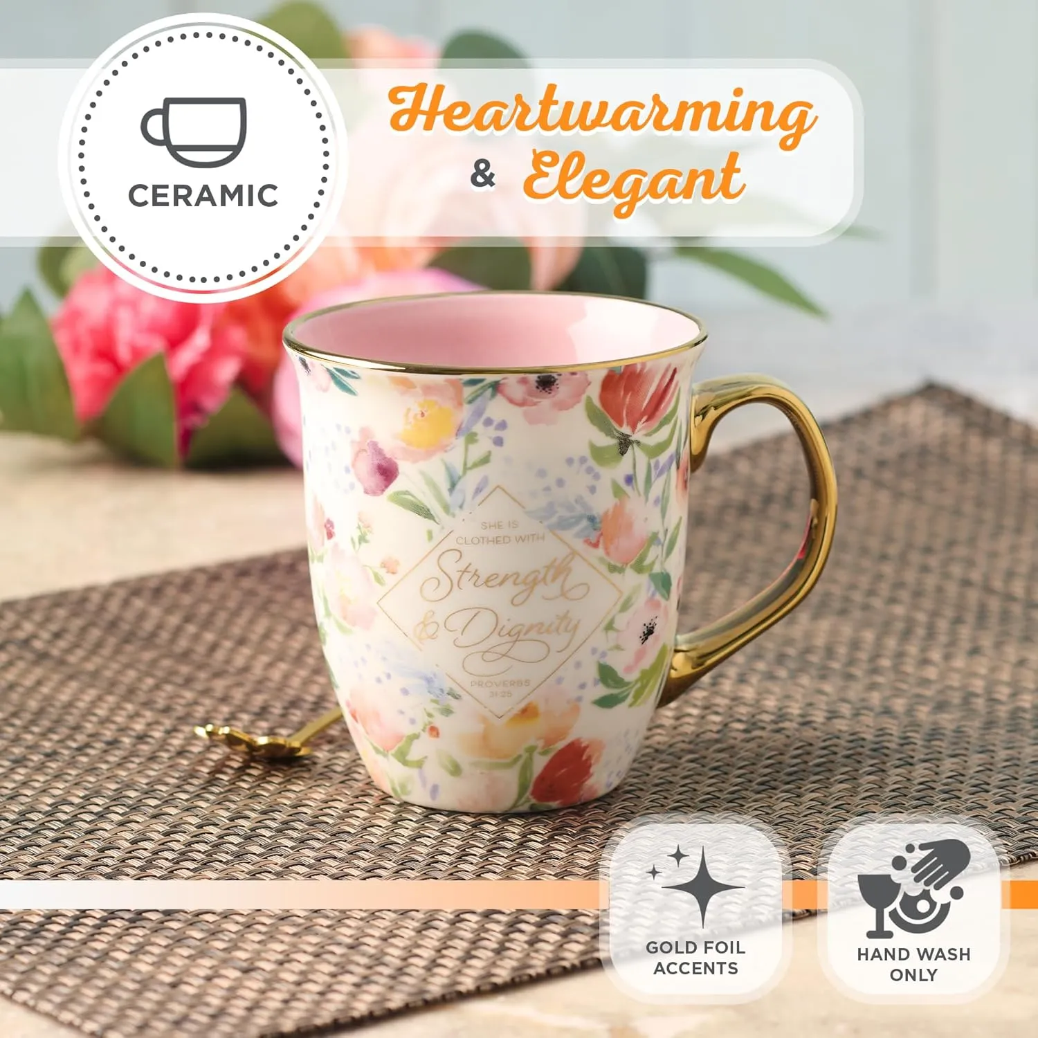 Christian Art Gifts Pastel Floral Ceramic Coffee Mug – 14 oz. Lead-Cadmium-free, Non-toxic Inspiration Scripture Coffee & Tea Mug for Mug for Women with Bible Verse: Strength & Dignity –Proverbs 31:25