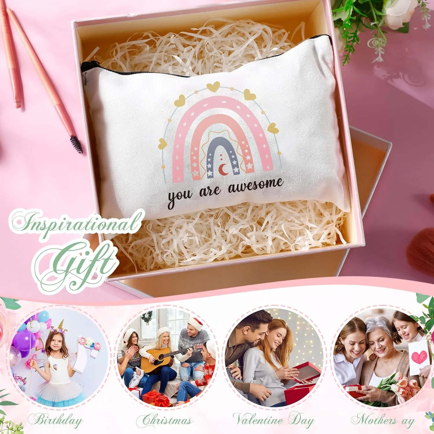 Chunful 10 Pieces Inspirational Canvas Makeup Bags for Women Graduation Gift Rainbow Canvas Cosmetic Bags Bulk with Zipper Friendship Gift Travel Toiletry Pouch(Moon Style)
