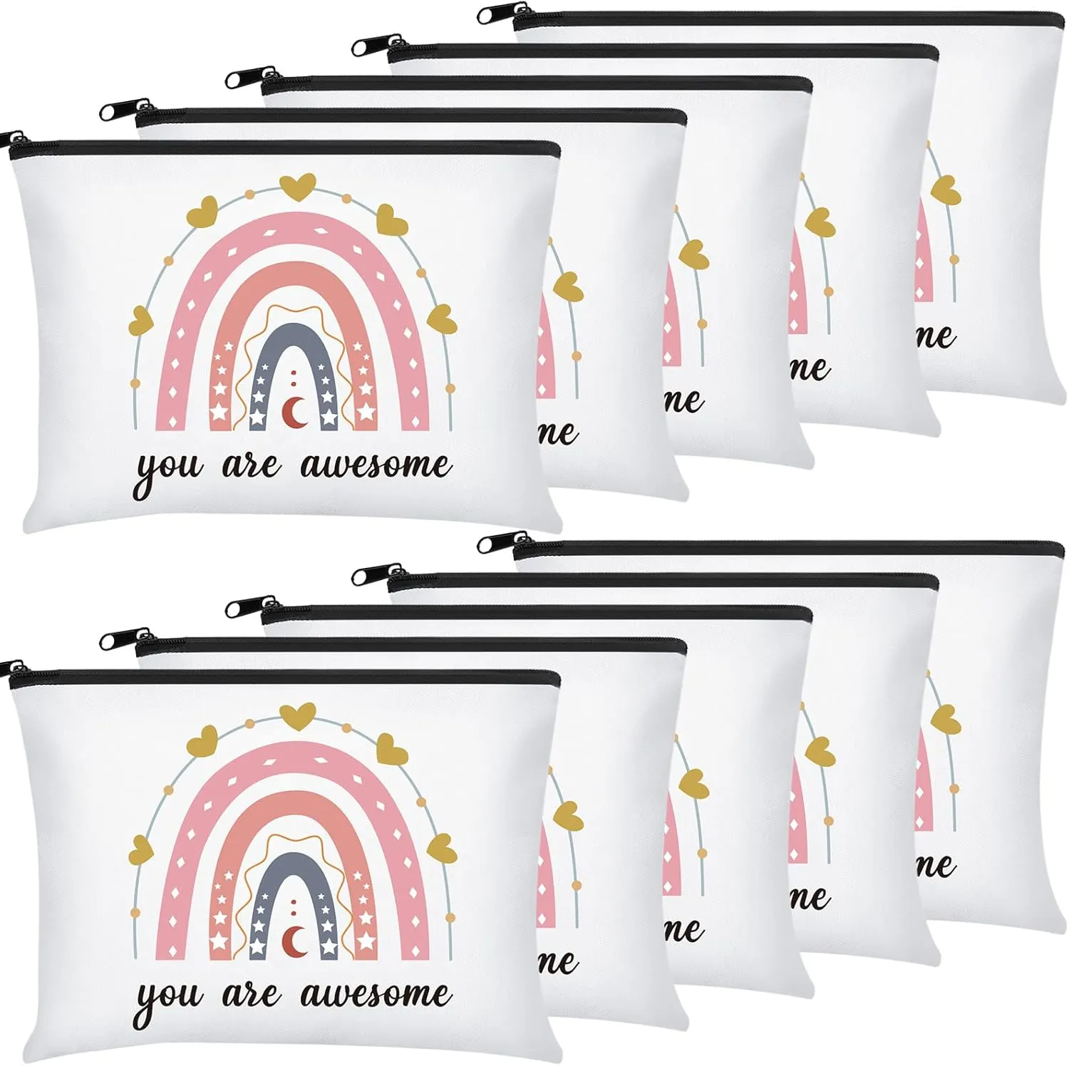 Chunful 10 Pieces Inspirational Canvas Makeup Bags for Women Graduation Gift Rainbow Canvas Cosmetic Bags Bulk with Zipper Friendship Gift Travel Toiletry Pouch(Moon Style)
