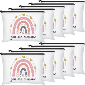 Chunful 10 Pieces Inspirational Canvas Makeup Bags for Women Graduation Gift Rainbow Canvas Cosmetic Bags Bulk with Zipper Friendship Gift Travel Toiletry Pouch(Moon Style)