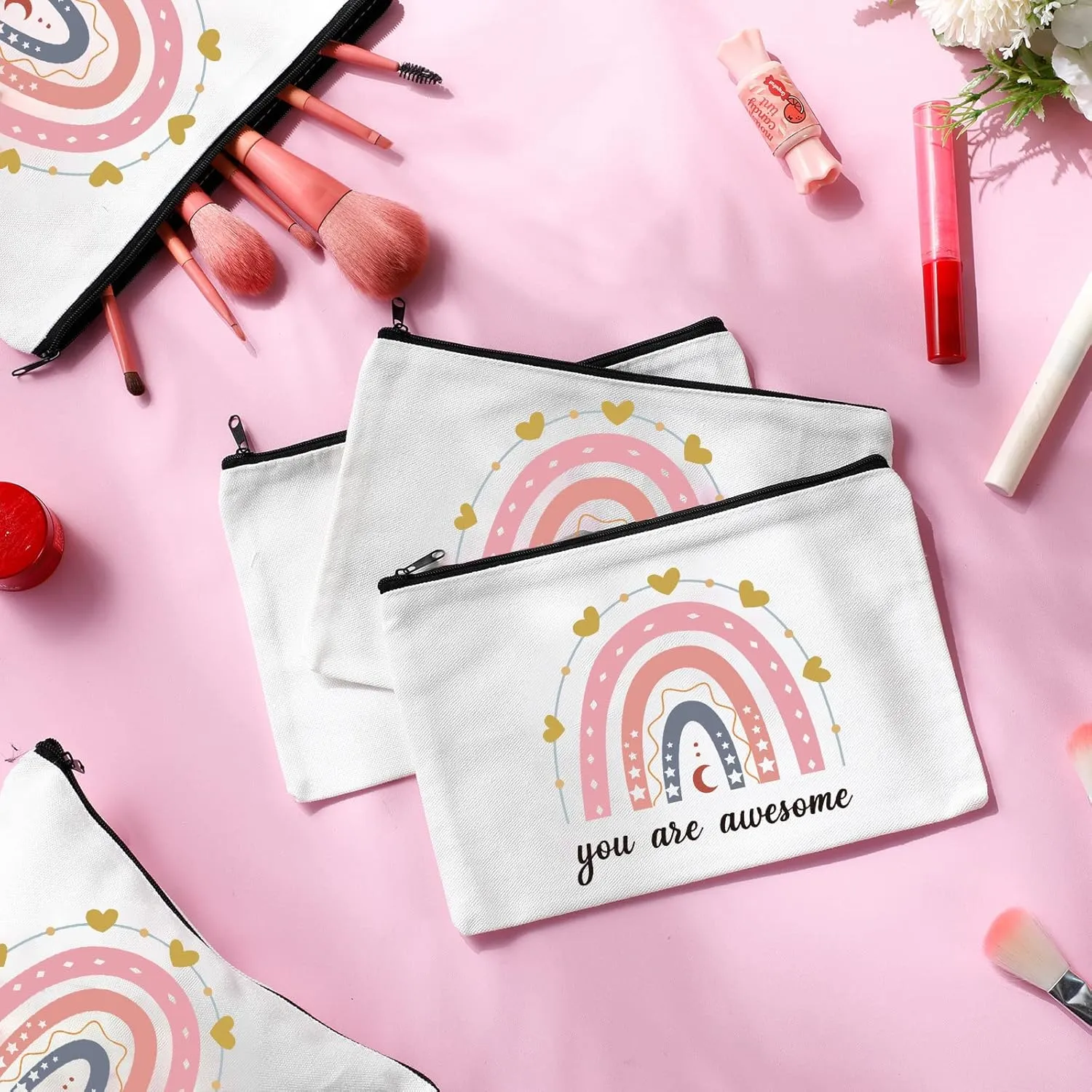 Chunful 10 Pieces Inspirational Canvas Makeup Bags for Women Graduation Gift Rainbow Canvas Cosmetic Bags Bulk with Zipper Friendship Gift Travel Toiletry Pouch(Moon Style)
