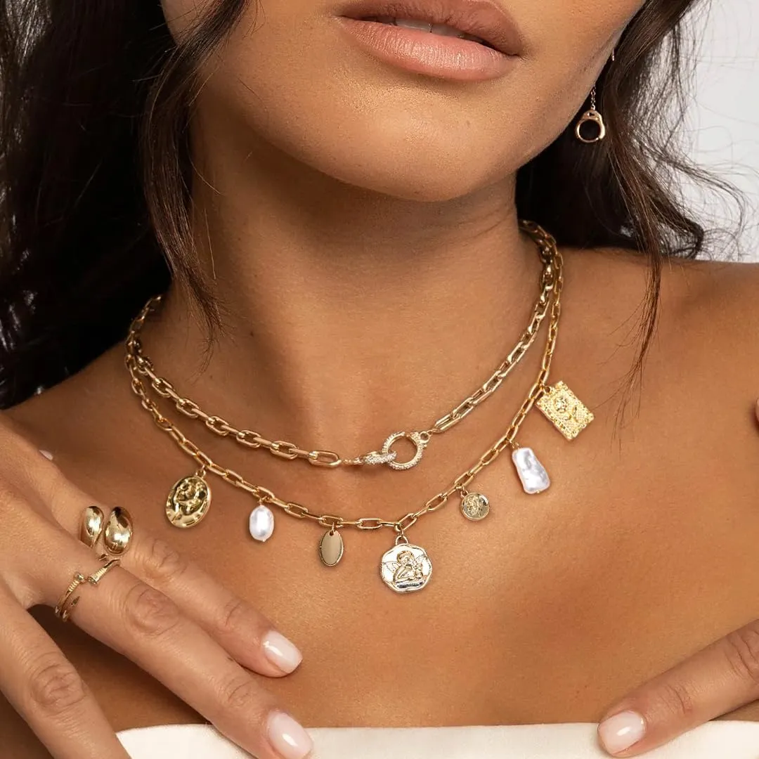 Chunky Gold Charm Necklace for Women: 14K Gold Plated Heart Paperclip Link Chain Coin Pearl Choker Pendant Necklace Trendy Jewelry