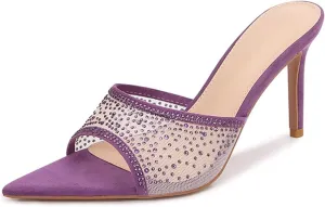 Ciuyurra Women Embellished Rhinestone Tulle Mules Pointed Peep Toe Sparkly Slip On Sandals