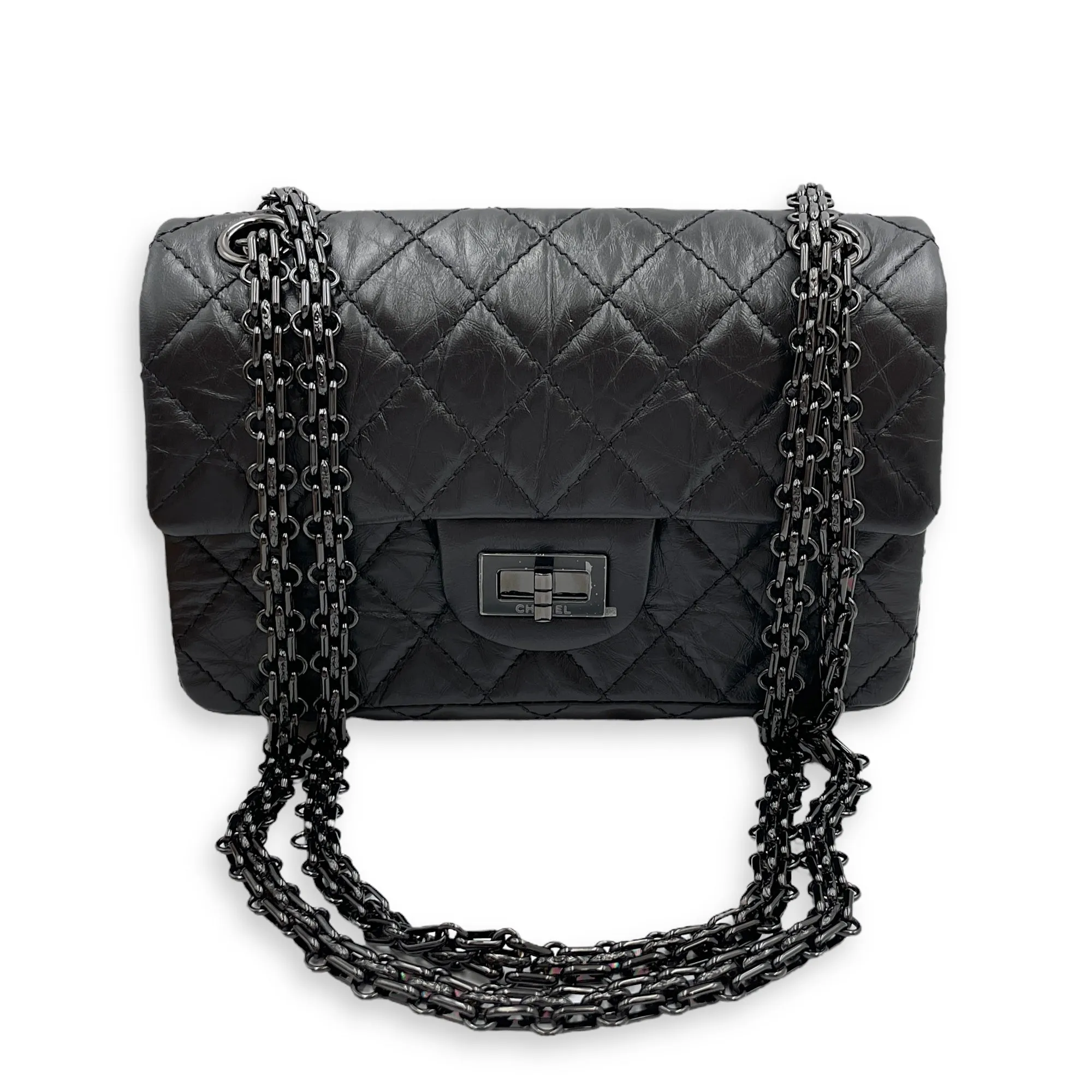 Classic Reissue 2.55 Mini SoBlack Shoulder Bag in Distressed Leather, Gunmetal hardware