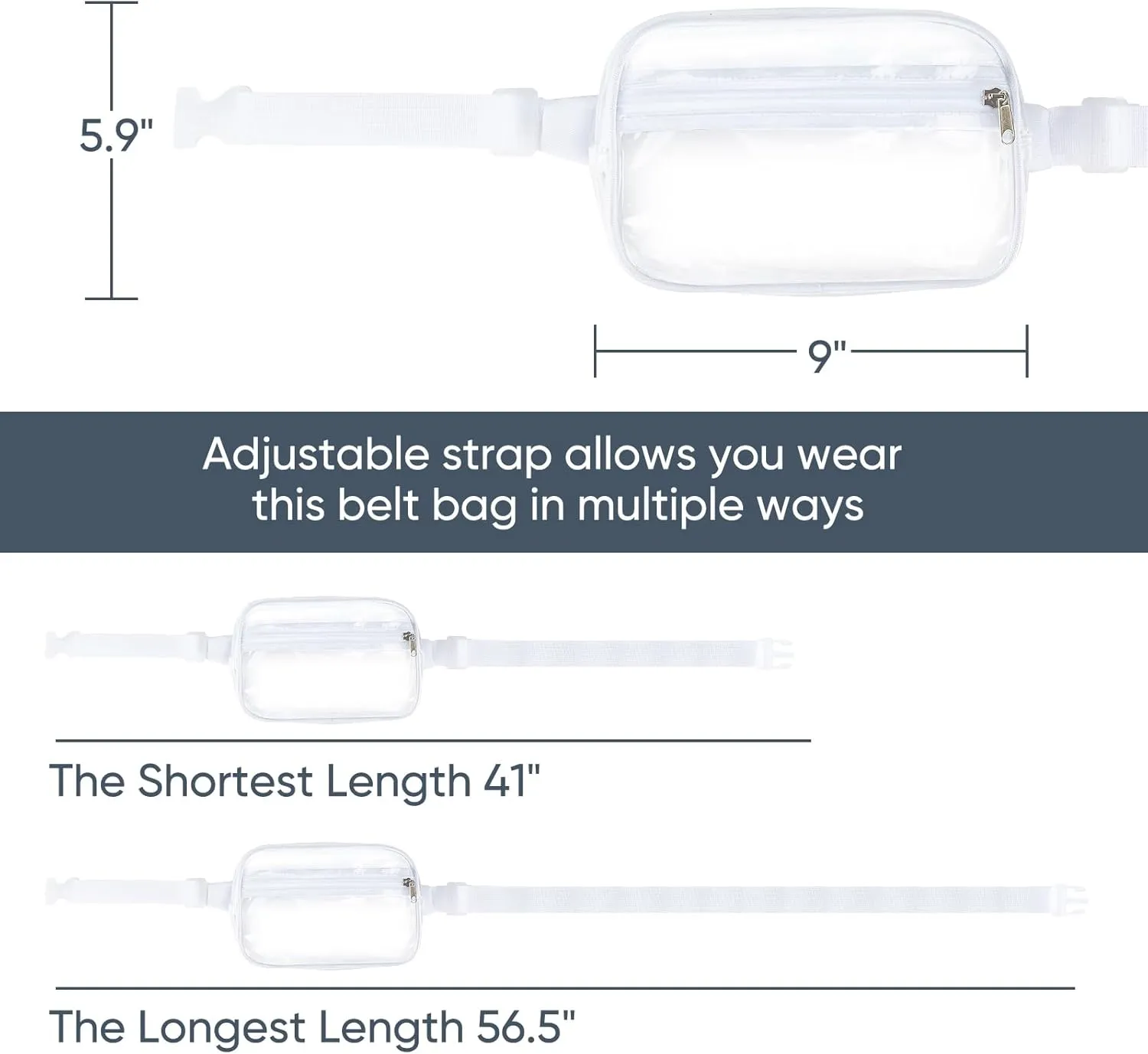 Clear Fanny Pack for Stadium Events - Waterproof Clear Bag for Women Men | Lightweight Waist Pack for Concerts, Sports Games & Travel | Stadium Approved Transparent Belt Bag (White)