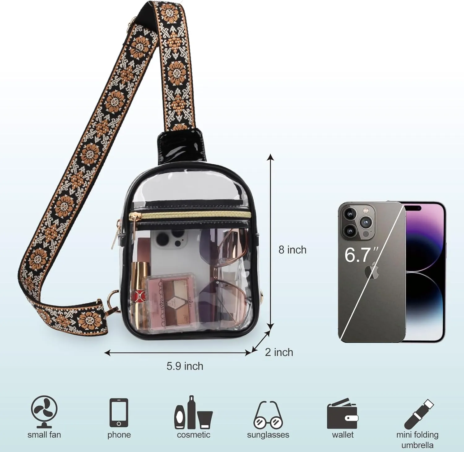 Clear Sling Bag - Stadium Approved Fanny Pack for Women & Men - Transparent Crossbody Bag with Adjustable Guitar Straps for Sports, Beach, Events, Concerts, Festivals