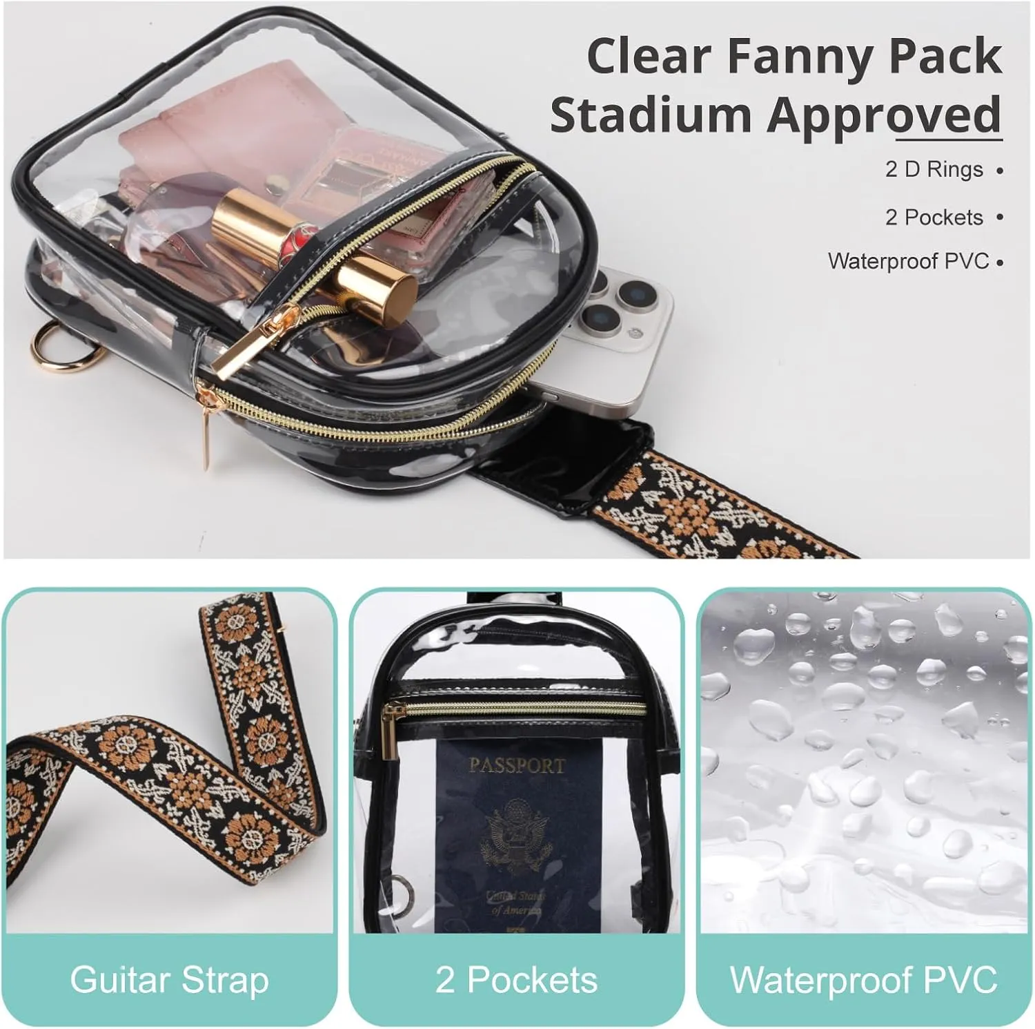 Clear Sling Bag - Stadium Approved Fanny Pack for Women & Men - Transparent Crossbody Bag with Adjustable Guitar Straps for Sports, Beach, Events, Concerts, Festivals