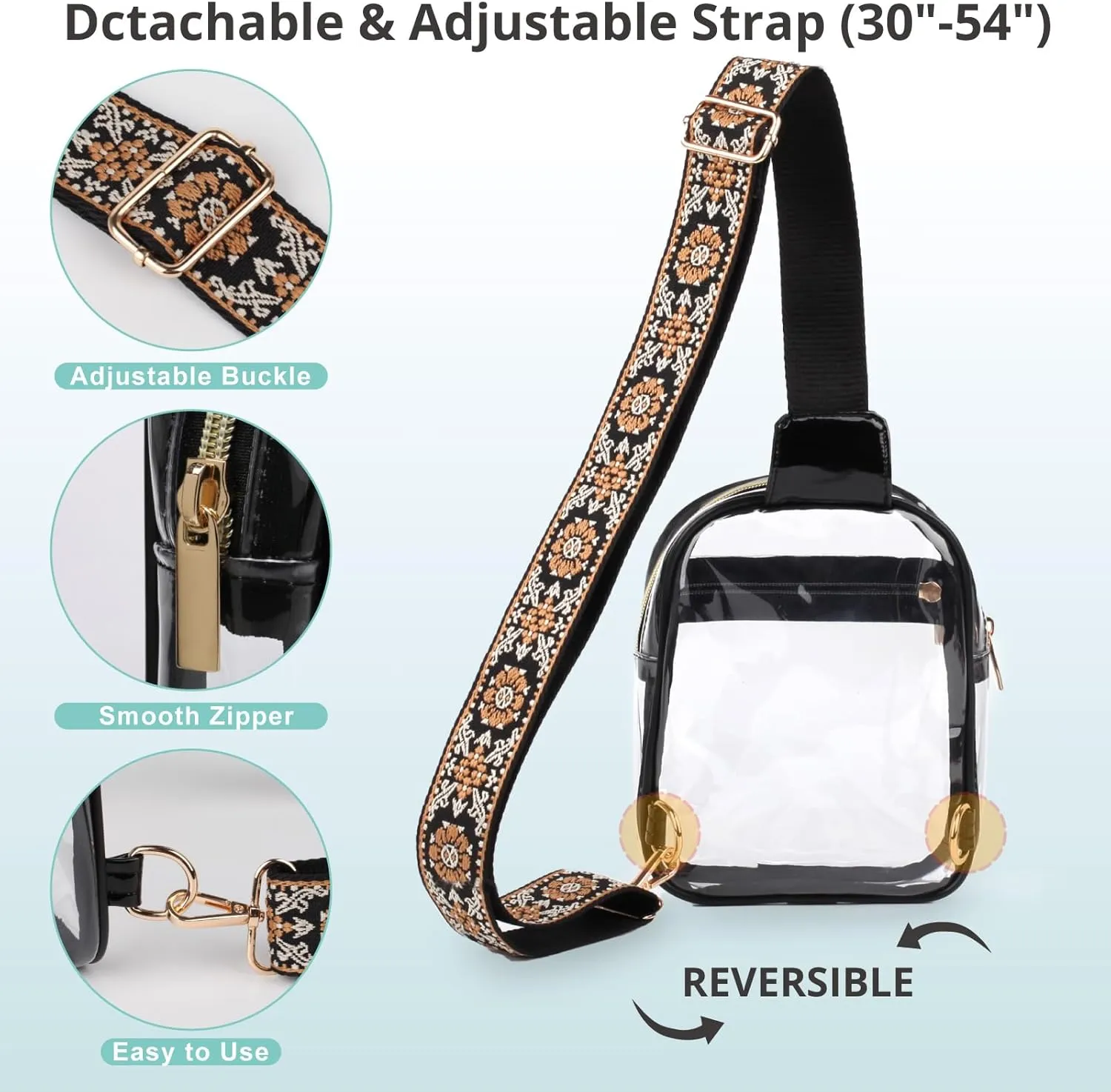 Clear Sling Bag - Stadium Approved Fanny Pack for Women & Men - Transparent Crossbody Bag with Adjustable Guitar Straps for Sports, Beach, Events, Concerts, Festivals
