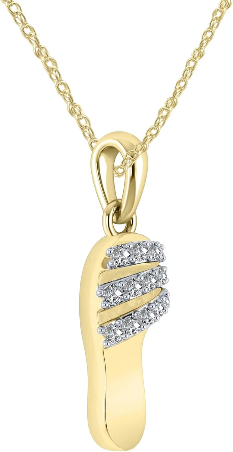 Collection 925 Sterling Silver 0.15 Carat (ctw) Round Cut Natural White Diamond Slipper Flip Flop Pendant Necklace, 18" Chain | H-I Color, I1-I2 Clarity