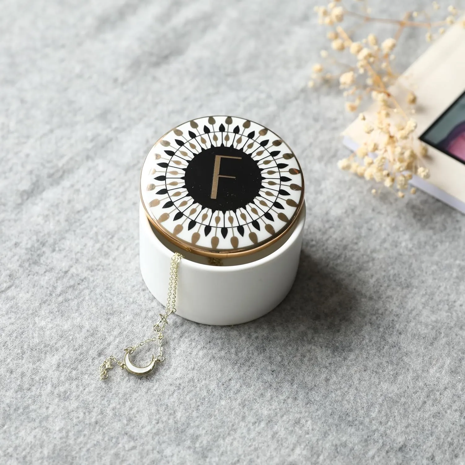 COLLECTIVE HOME - Monogram Jewelry Box, Bohemian Ceramic Trinket Box, Storage for Necklace Ring Bracelet Keys, Birthday Mother's Day Christmas Gift for Women, 3.25" x 2.5" (F)