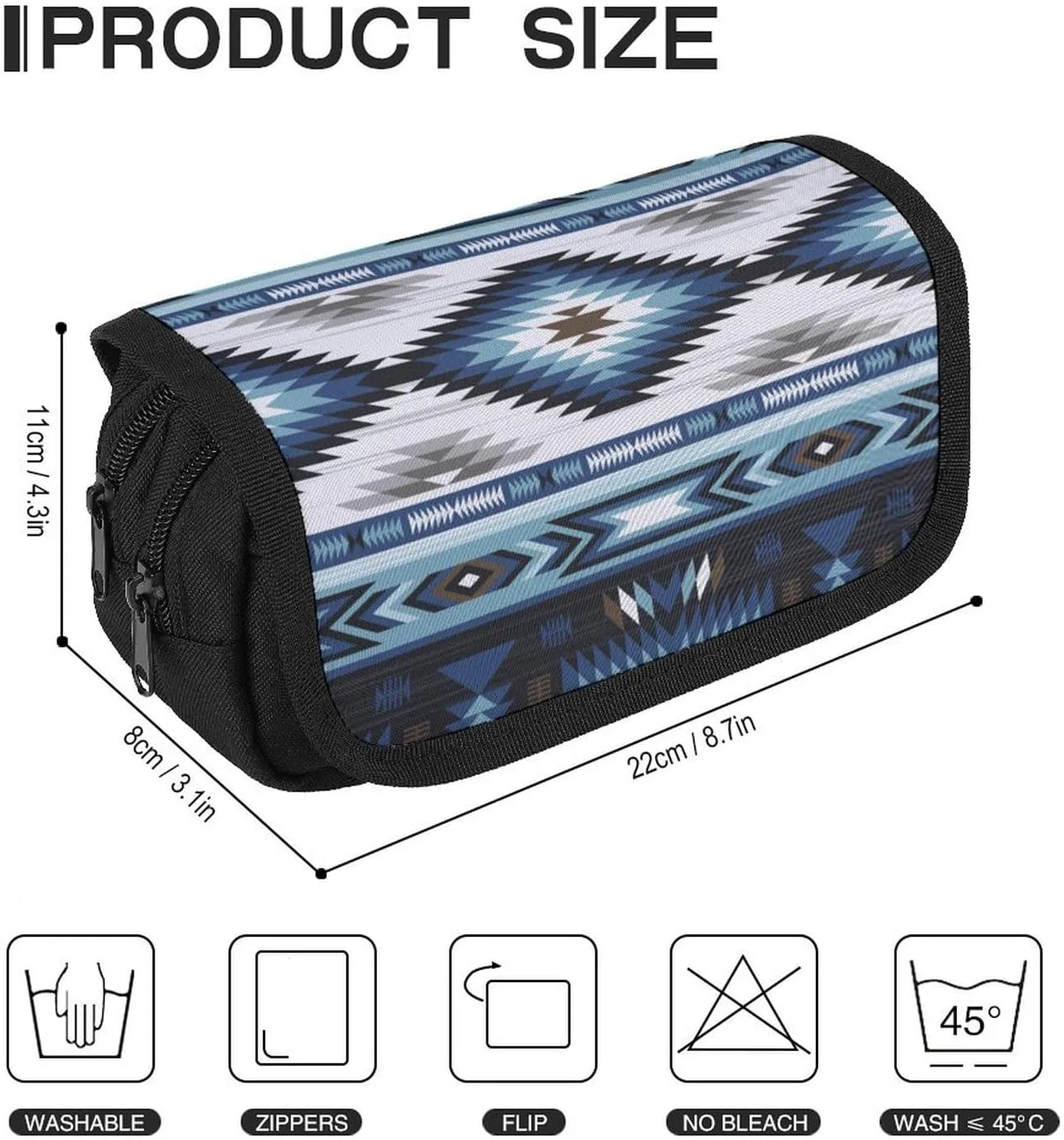 Colorful Surf Blue Colors Tribal Navajo Pattern Aztec Abstract Geometric Ethnic Hipster Design Double Layer Zippered Pencil Case for Large Capacity Office Stationery Bag