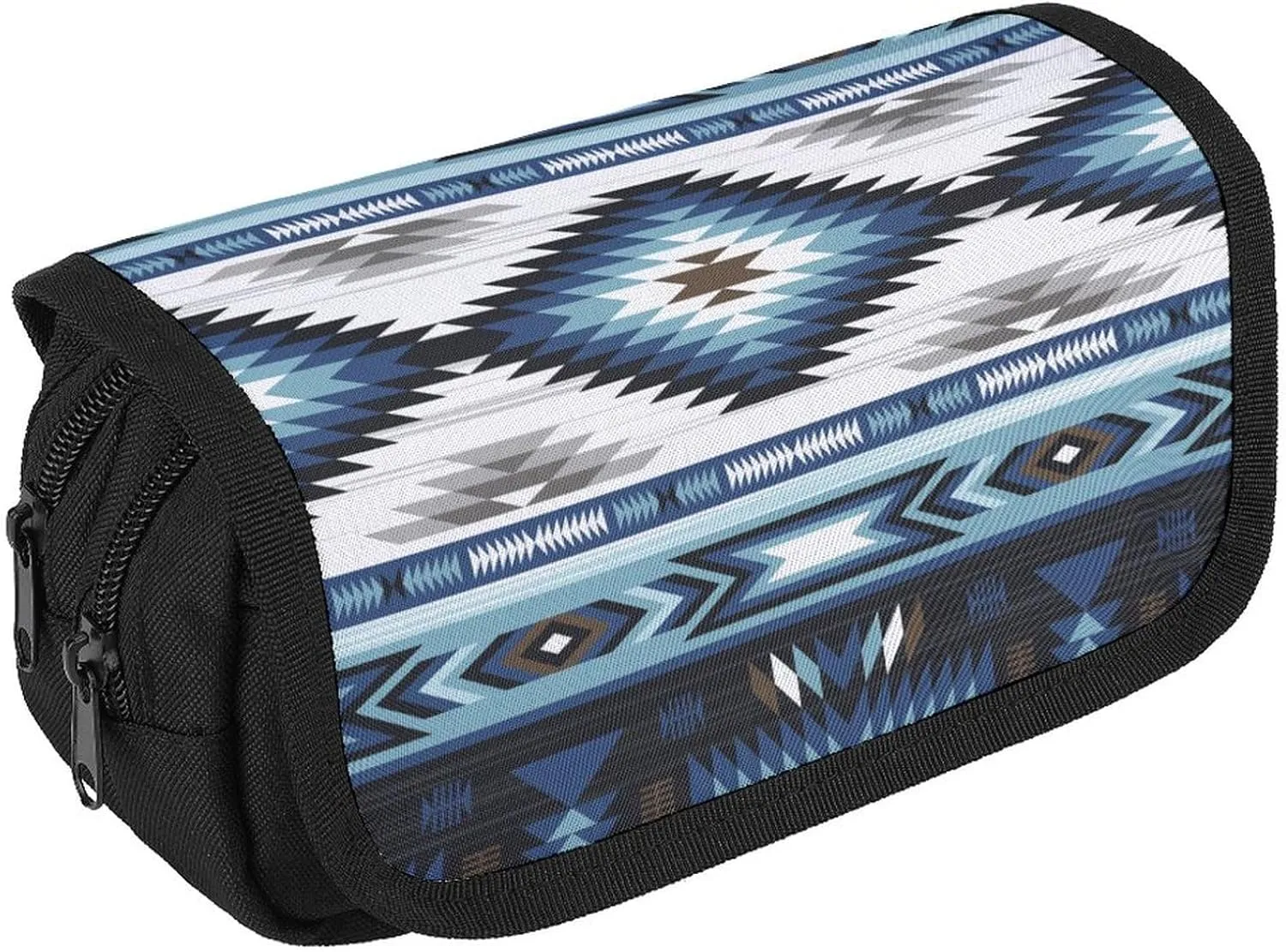 Colorful Surf Blue Colors Tribal Navajo Pattern Aztec Abstract Geometric Ethnic Hipster Design Double Layer Zippered Pencil Case for Large Capacity Office Stationery Bag