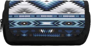 Colorful Surf Blue Colors Tribal Navajo Pattern Aztec Abstract Geometric Ethnic Hipster Design Double Layer Zippered Pencil Case for Large Capacity Office Stationery Bag
