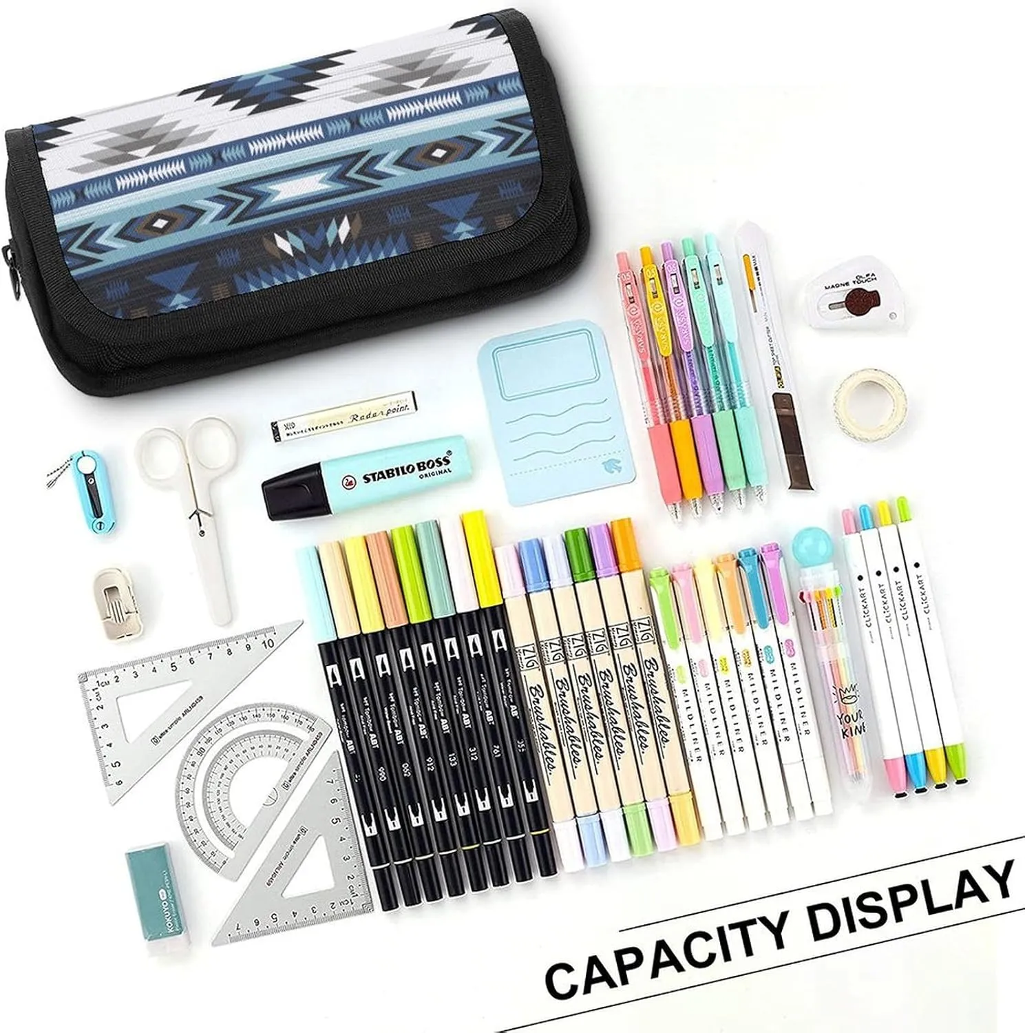 Colorful Surf Blue Colors Tribal Navajo Pattern Aztec Abstract Geometric Ethnic Hipster Design Double Layer Zippered Pencil Case for Large Capacity Office Stationery Bag